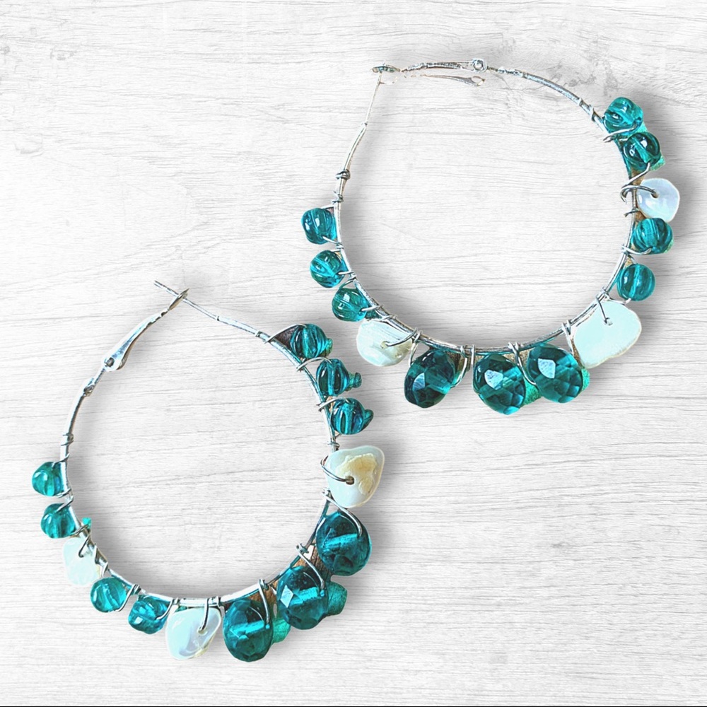 ⭐️ Boho Blue and White Bead Wrapped Silver Hoop Earrings